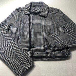Stoosh Black Plaid Cropped Belted Zip Front Blazer Jacket women Size Large